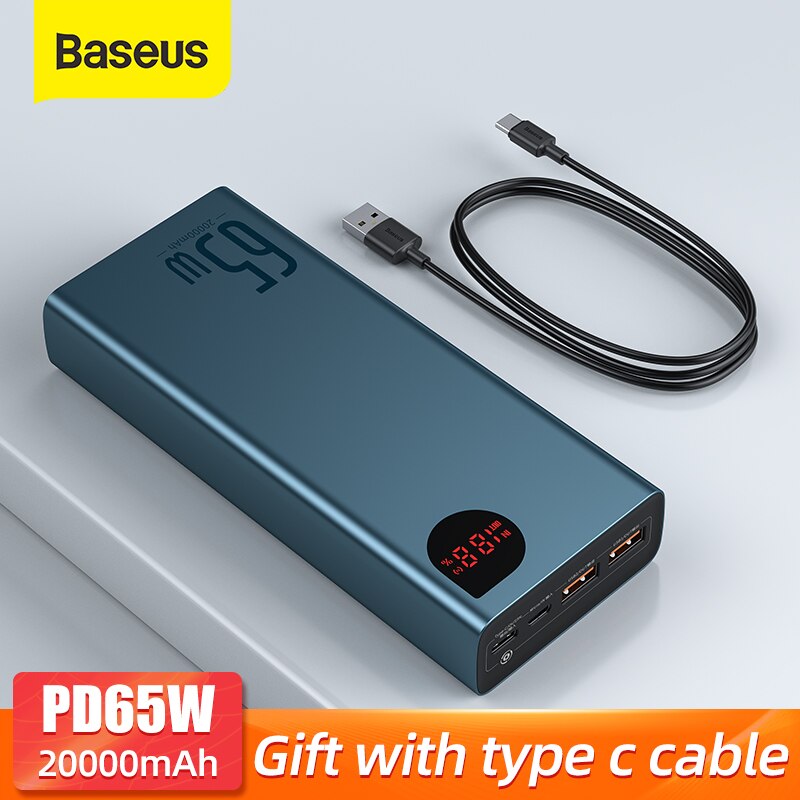 Baseus 65w power bank 20000mah pd qc 3.0 carregamento rápido powerbank baterias externas carregador portátil para o telefone portátil tablet: Blue