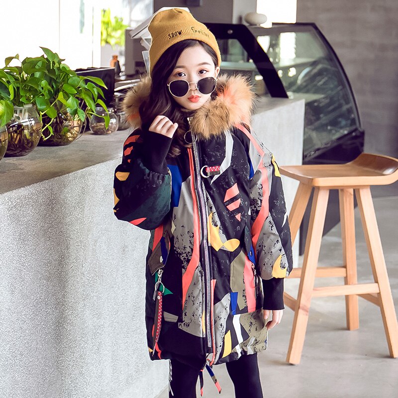 Girls winter Coat Kids School Sport Print Thick Warm Jacket Hooded Outerwear For Cold Winter Child Clothing