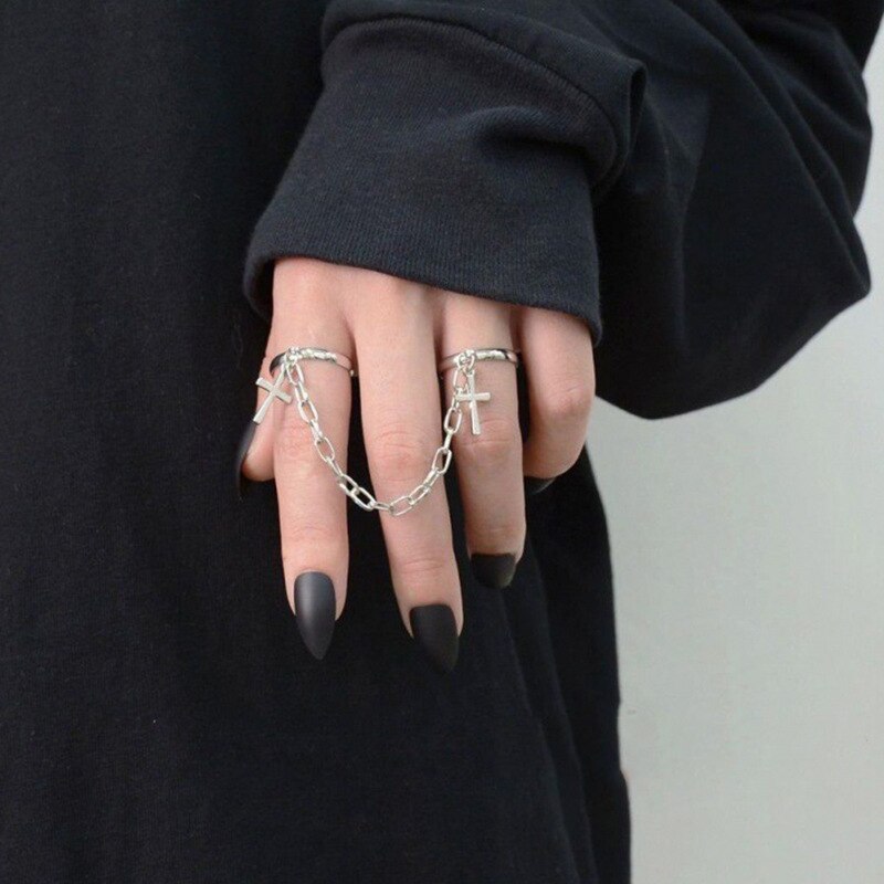 Double Finger Chain Rings for Women Alloy Adjustable Open Finger Ring Party Trend Jewelry: 10