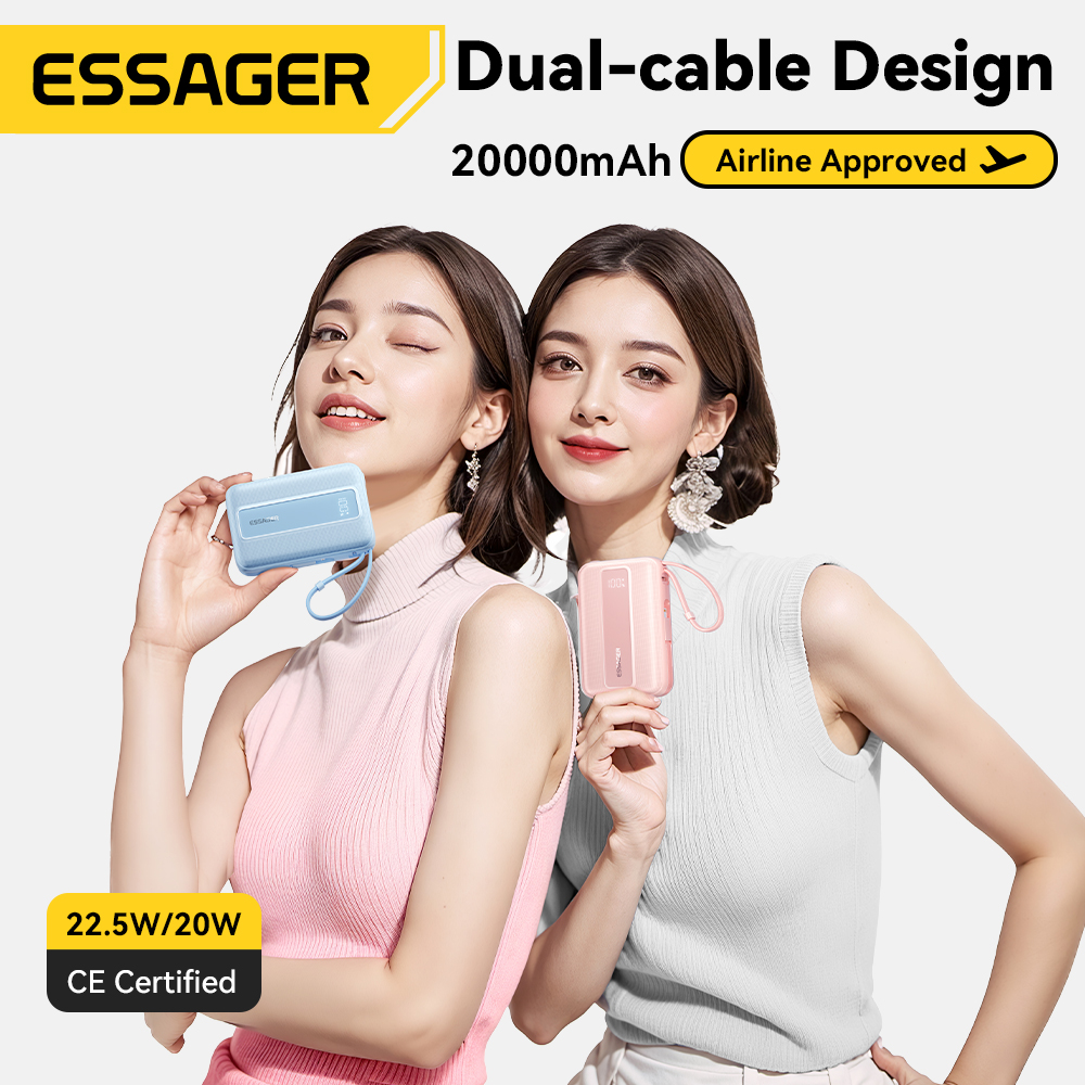 Essager 20000mAh Power Bank PD22.5W Dual Cable Fast Charging Powerbank Portable External Battery Charger For iphone Huawei ipad