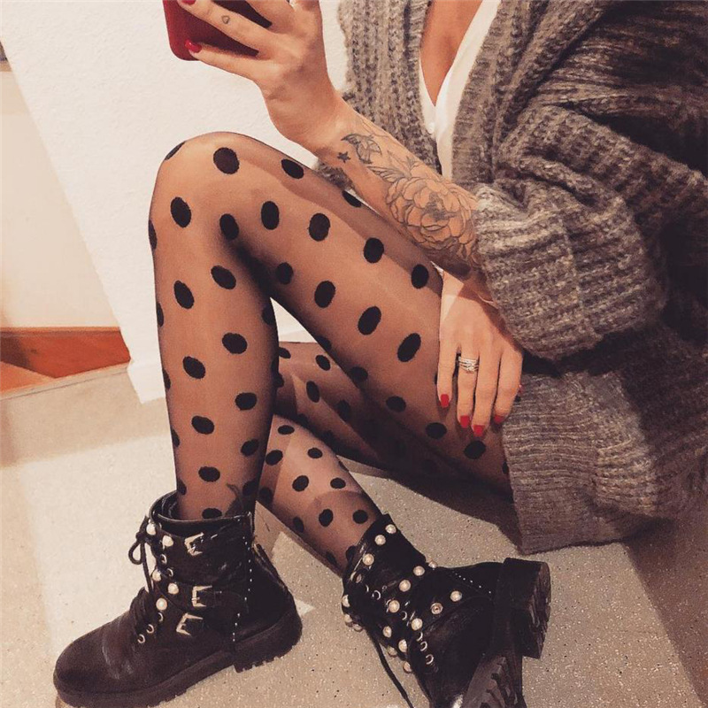 Medias con estampado de lunares para mujer, medias sexys de malla de rejilla sin costuras de nailon, negro y blanco, medias de seda para discoteca