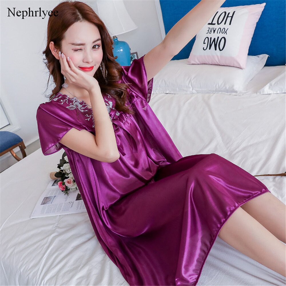 Women Night Dress Long Nightgowns Women Casual Short Sleeve Sleepwear Female Loose Nightwear Homewear Femme SLP120: Dark Purple