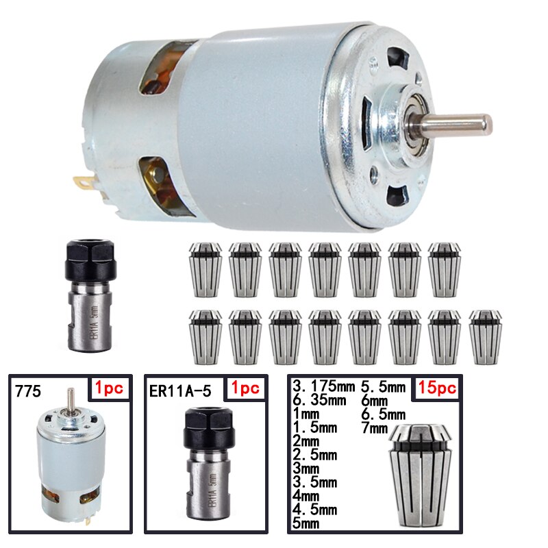 1Pc 775 Dc Motor 12-36V Kogellager Spindel Motor ER11 5Mm Verlengstuk Vleesmes cnc ER11 Spring Collet Chuck Motor Set: 8