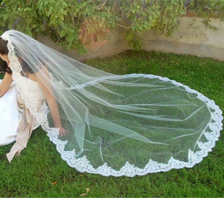 Velo de novia de cm con borde de encaje, velo de novia de una capa con peine, 250 metros, blanco/amarillo, 2,5
