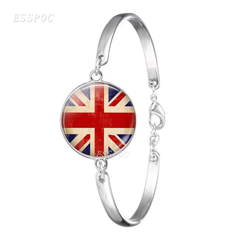 Union Jack Britse Vlag Patroon Armbanden Mode Glas Cabochon Patriottische Bedels Verzilverd Armbanden Cadeau Voor Vrouwen Voor Tiener