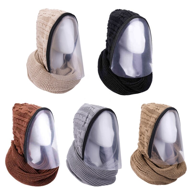 Winter Knit Hooded Scarf with Removable Clear Face Shield Protective Earflap Cap