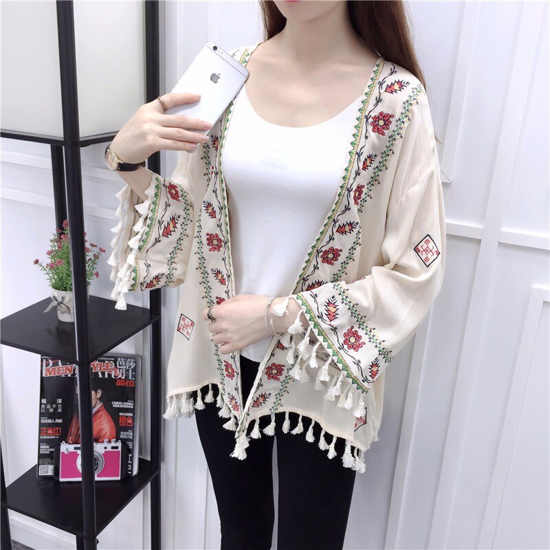 Maternité femmes été ethnique Boho Kimono Cardigan Vintage broderie florale Cardigan fille Beige noir blanc Cardigans