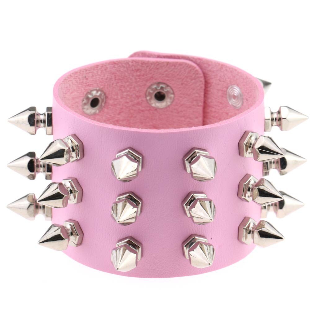 Boho Emo Spike bransoletka sztuczna skóra Punk bransoletki dla kobiet mężczyzn biżuteria Goth dziewczyna chłopiec mankiet Bangle Studded Halloween nadgarstek: P136 Pink