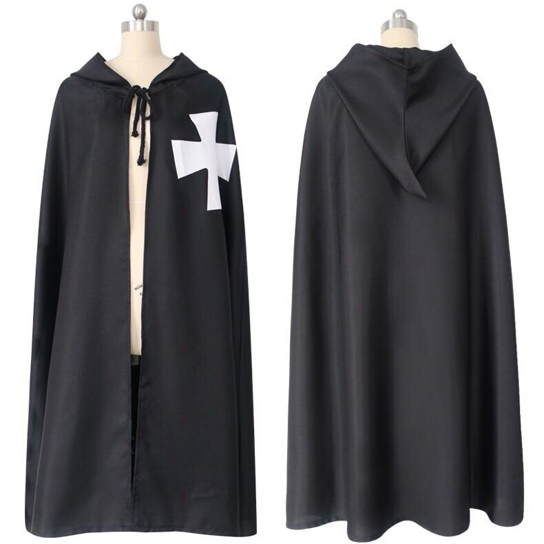 Halloween medeltida dräkt kläder svarta riddare kostym hospitaller tunika kappa cape män gotisk vit korsrock: Svart