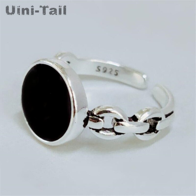 Uini-Tail 925 Plata Simple negro redondo abierto anillo personalidad tendencia Retro alta joyería de ED673