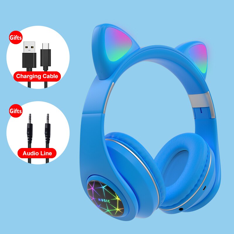 Cute Cat Earphones Wireless Headphones Muisc Stereo Bluetooth Headphone With Microphone Children Daughter Earpieces Headset: Blue