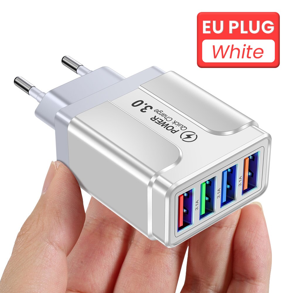 4 Poorten Usb Charger 3.1A Quick Charge Travel Charger Eu/Us/Uk Plug Snel Opladen Lader Voor iphone 13 12 Pro Xiaomi Redmi: WHITE EU PLUG