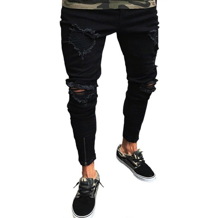 Zwarte Mannen Jeans Mode Mannen Kleding Stretch Jeans Verontruste Ripped Denim Broek Potlood Broek Voor Mannen: M