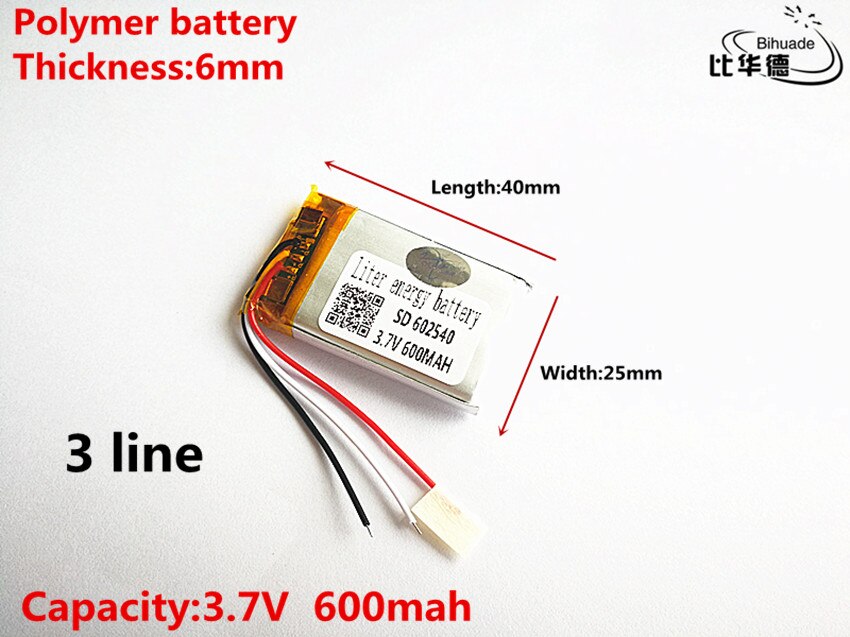 3 line Good Qulity 3.7V,600mAH,602540 Polymer lithium ion / Li-ion battery for TOY,POWER BANK,GPS,mp3,mp4