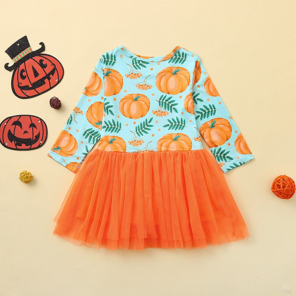 1Y-5Y Peuter Baby Kids Meisjes Boog Halloween Pompoen Gedrukt Mesh Tutu Jurk Tule Prinses Jurk Meisje Kleding Детская Одежд