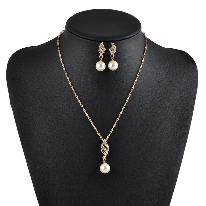 Fashionable simple pearl inlaid rhinestone earrings twist pendant necklace jewelry set bride wedding jewelry party: gold