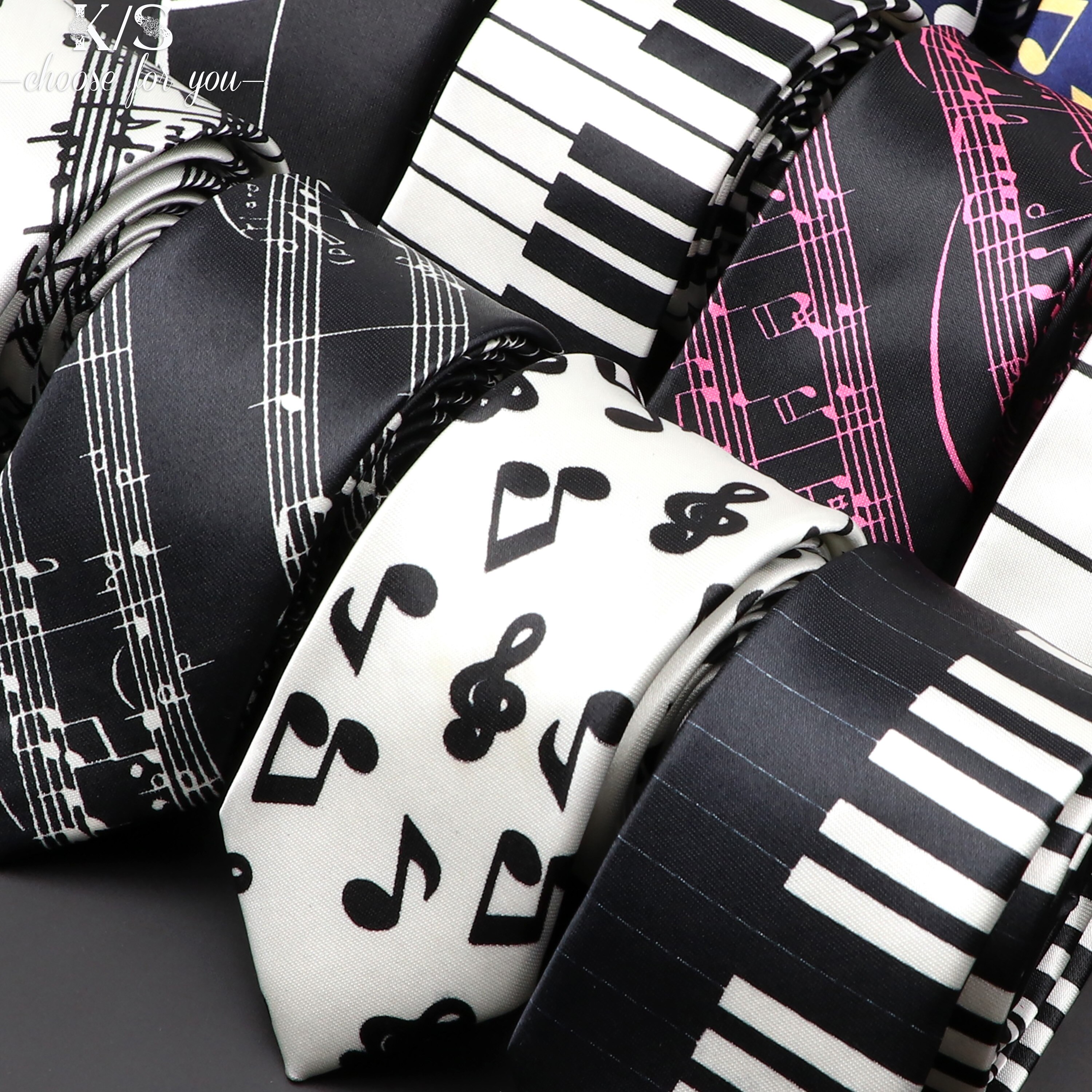 Corbata musical clásica de para hombre, Festival de vacaciones, estampado de Piano, guitarra, cara sonriente, poliéster, 5cm de ancho, corbata negra con