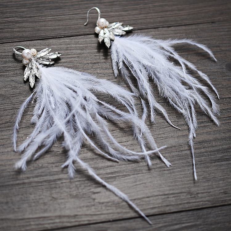 White Feather Bridal Headband with Earrings Crystal Wedding Hair Crown Pearls Jewelry Handmade Women Headpiece
