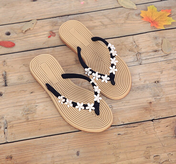 Sandalias planas de flores pequeñas a la de Verano , zapatillas frescas para mujer, zapatos de playa para mujer, zapatillas, chanclas, zapatos 35-40: Black / 7