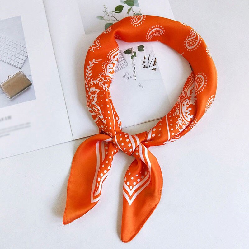 70*70cm silke satin hoved tørklæder firkantet tørklæde cashew blomst print lille silke tørklæde kvinders tørklæder pandebånd hår slips håndtaske bånd: Orange