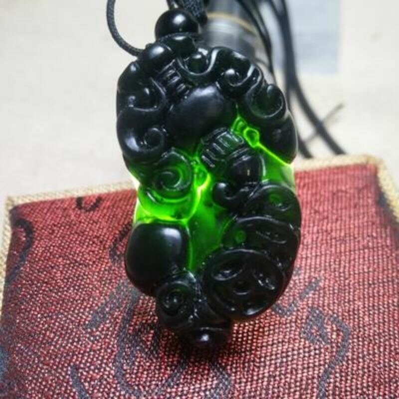 Carved pixiu Jade Pendant Natural Chinese Black Green Dragon Necklace Charm Jewellery Lucky Amulet