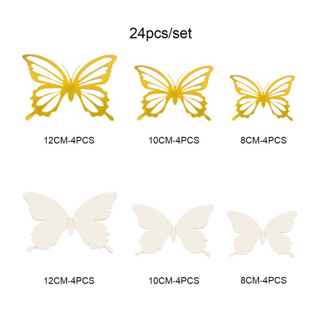 12Pcs Double-layer Paper 3D Butterfly Wall Sticker for Wedding Decoration Room Butterflies Fridge Art Wall Removable Wall Decor: White Gold