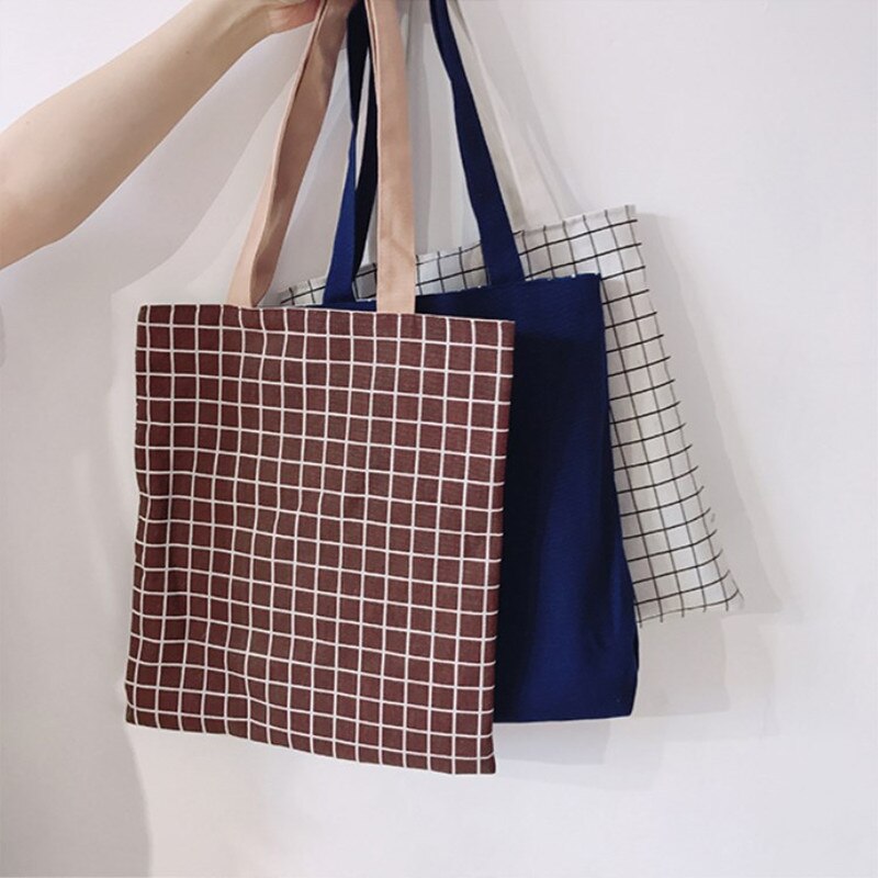 Bolso de lona informal para mujer, bolsa de compras reutilizable a cuadros de gran capacidad, bolsos de uso diario, bolso de compras de doble cara