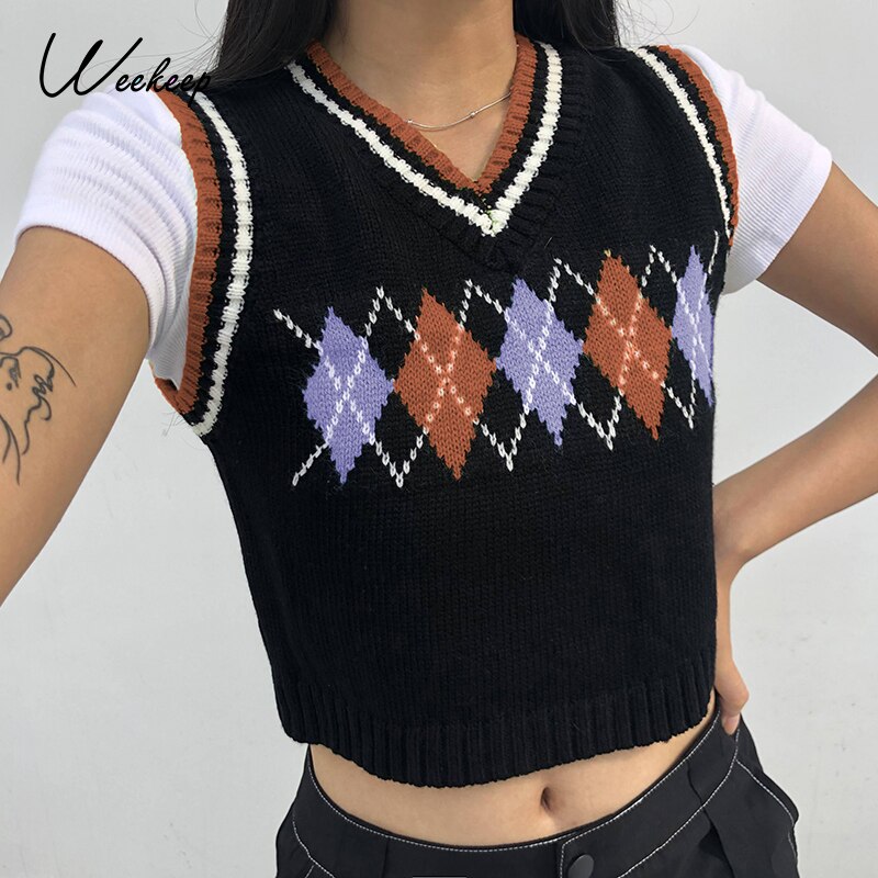 Weekeep Colorful Argyle Plaid Knitted Sweater Vest Women Preppy Style Streetwear 90s Retro Striped Patchwork Sleeveless Knitwear: Brown / L