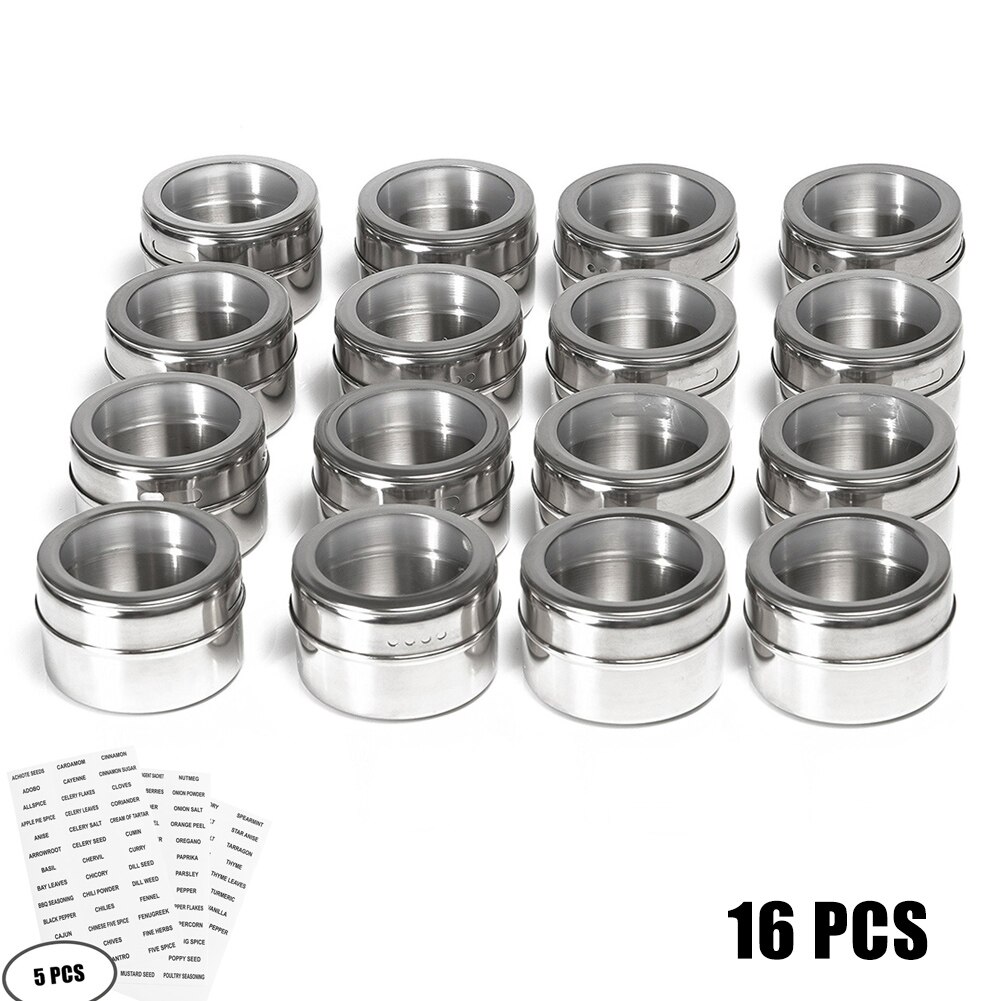 Couvercle clair magnétique pot à épices ensemble en acier inoxydable Sauce aux épices récipient de stockage pots cuisine D6: 16pcs(add 5 labels)