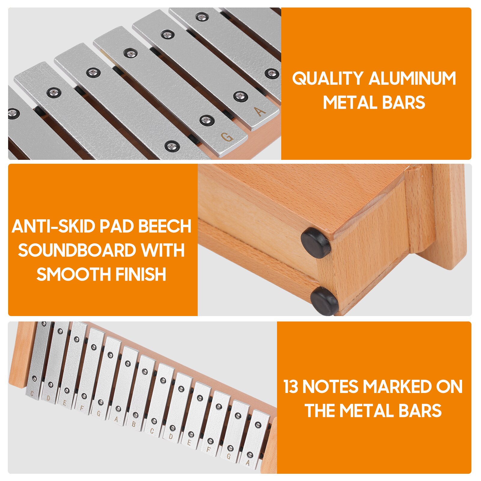 Piano Xylophone Portable en aluminium, Instrument de Percussion avec bâtons en bois, 13 notes