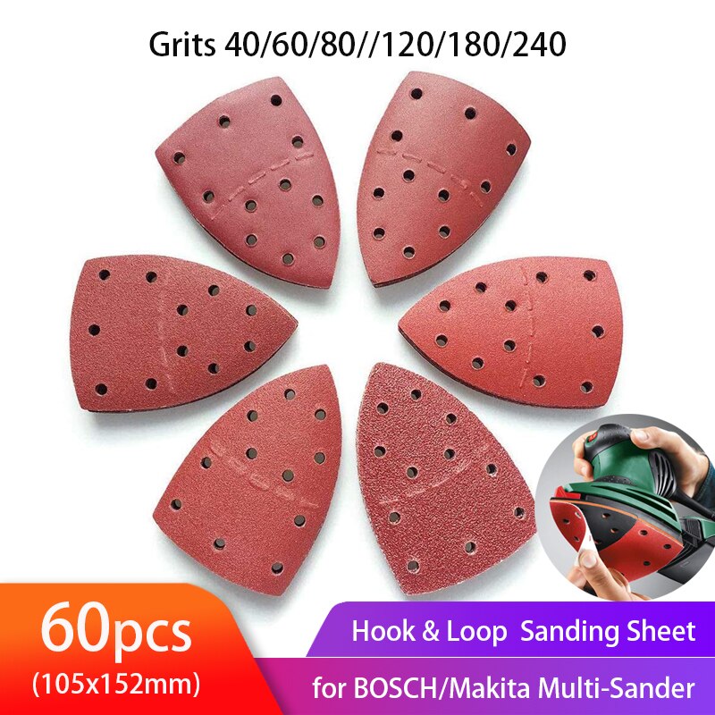 60pcs Mouse Sanding Sheets Hook and Loop Sander Pads Sand Paper Assorted 40/60/80/ 120/180/ 240/ Grits Fit Bosch Multi-Sander