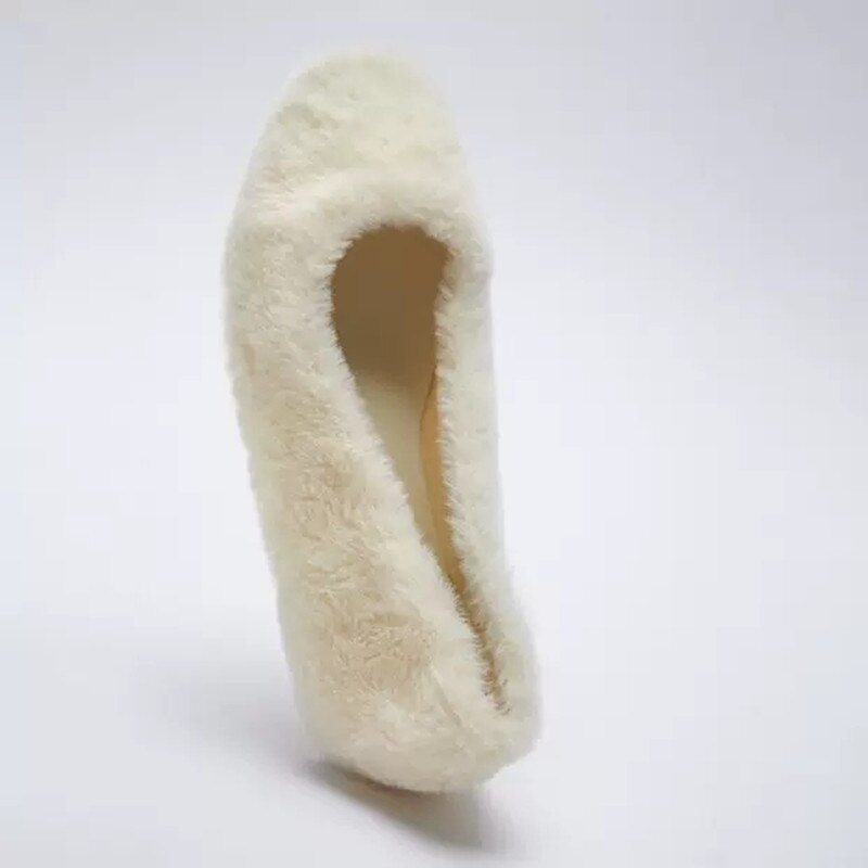 ZA Single Maomao Shoes Light Beige Fur Plush Flat with Ballet Shoes Winter warm Boat shoes for women