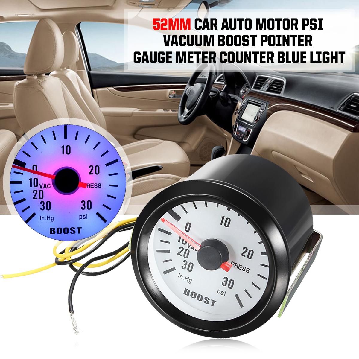 2" 52mm Car Gauge PSI Vacuum Boost Gauge Meter Counter Blue Light Black Rim -30~30 PSI Vacuum Press Meter