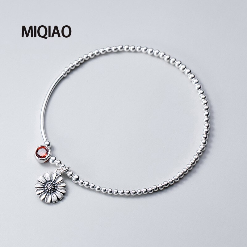 Miqiao 925 Sterling Zilver Daisy Enkelband Ornament Armband Op De Been Vrouwelijke Thai Zilveren Retro Ronde Rode Diamant Zirkoon Mode J