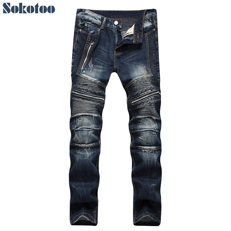Sokotoo mannen donkerblauw ritsen geplooide biker jeans voor moto Slim fit straight denim broek