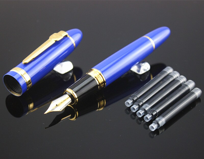 JINHAO 159 0.7 mm Nib Metal Fountain Pen Black Lacquer Gold Trim Big Heavy signature Business office ink black Refill: Q / Bent Nib 1.0MM