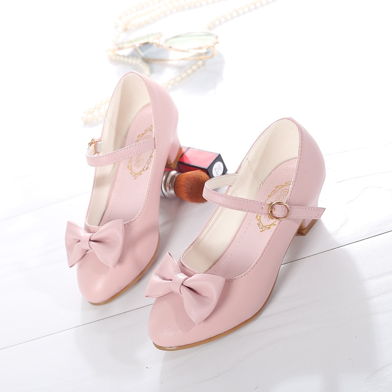 SKHEK Girls Princess Dress Shoes Bowknot Children Princess Sandals High Heels Dancing Kids Shoes size 28~37 Pink White
