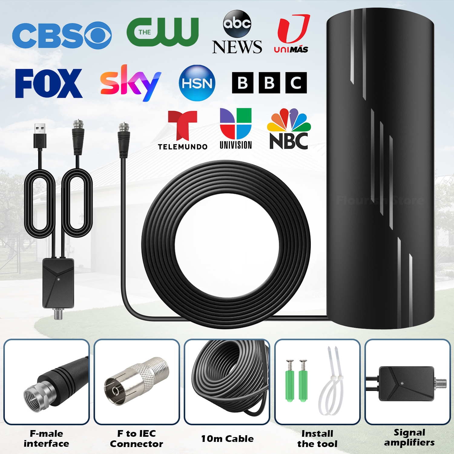 3000+ Miles Range TV Antenna,Digital TV Antenna Indoor/Outdoor with Amplifier Signal Booster, HDTV Antennas 38ft Coax Cable 4K