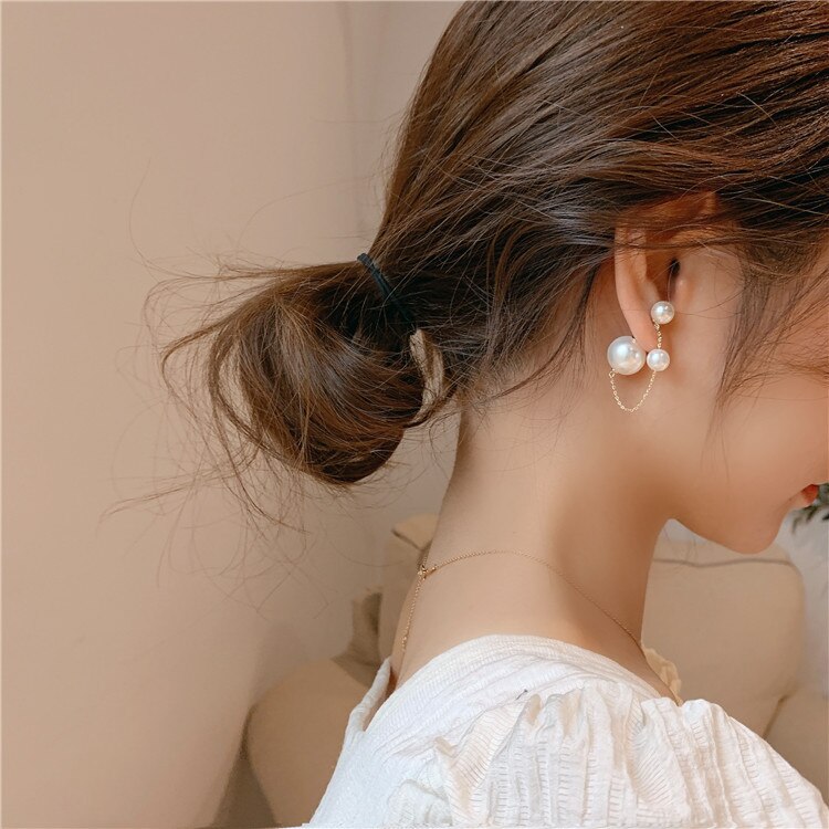 Korean Silver Color Long Chain Tassel Double Pearl Earrings for Women Two Wear Style Pearls Ball Stud Earrings Wedding Jewelry: A