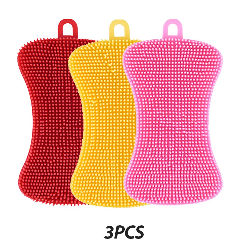 3PCS Silicone Dish Washing Brush Pot Pan Sponge Scrubber Silicone Scouring Pad Fruit Pot Pan Wash Brushes Kitchen Cleaning Tool: 3pcs-C