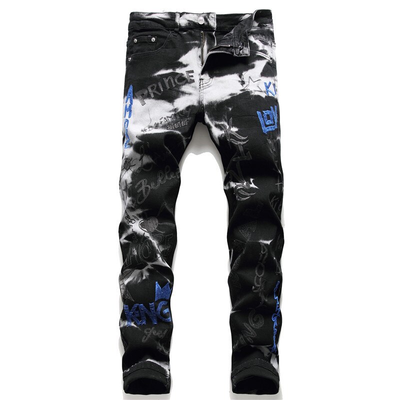 Jeans Hombre Men Pants With Holes Sticking Cloth Elastic Letter Embroidery Small Foot Jeans Hip Hop Jeans Men: 38