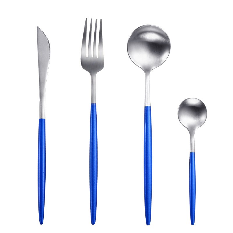 Bestekset zwart goud vork lepel messenset roestvrij staal servies reisserviesset voor bruiloft: Blauw zilver
