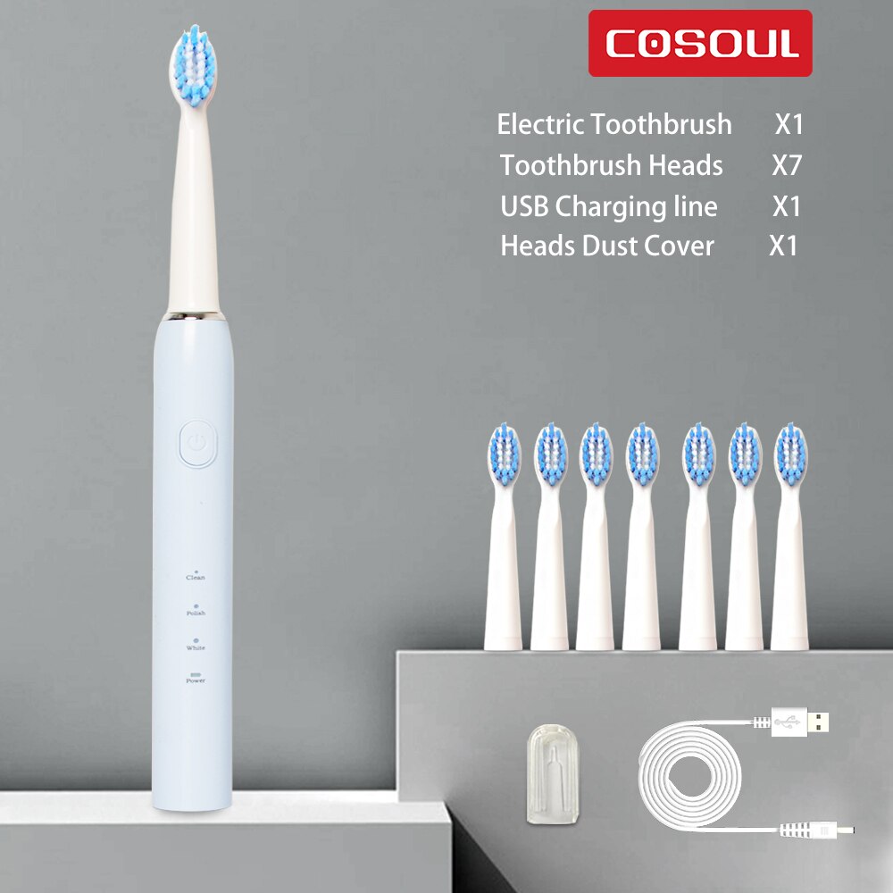 Sonic Electric Toothbrush 3 Modes Clean Whiten Dentist Recommended Care Teeth Automatic Tooth Brush USB Rechargeable Waterproof: Blue6heads