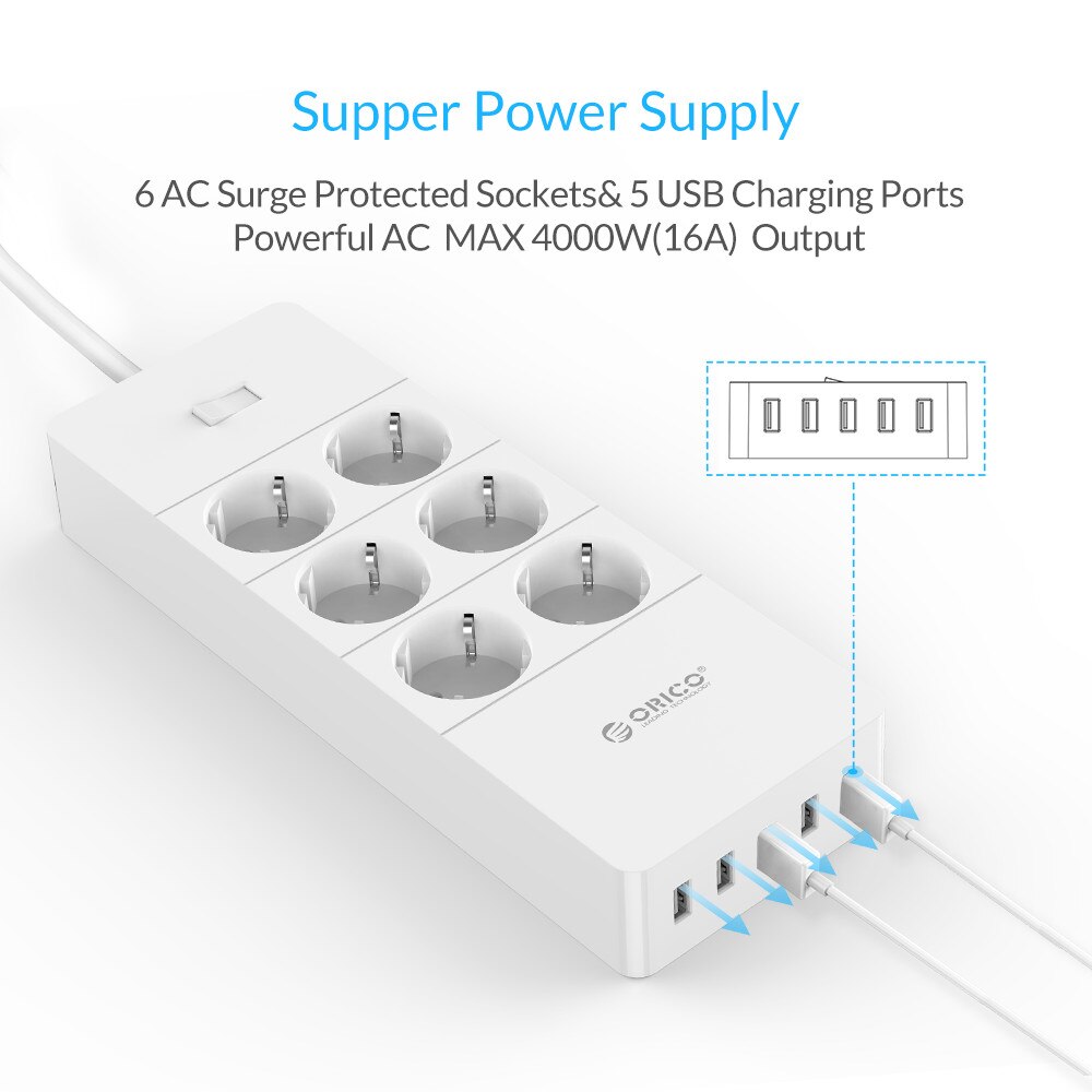 Orico Power Strip - 6 AC Outlets + 5 USB Ports - 4000W Surge Protector - 1.5m Cable - EU/US/UK Plug
