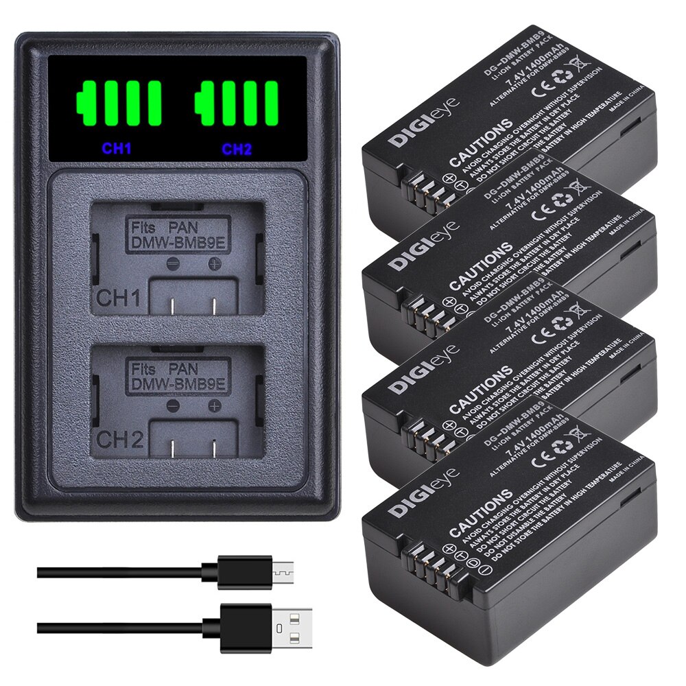 1400mAh DMW-BMB9 BMB9E BMB9PP Battery + LED Dual Charger for Panasonic Lumix DC-FZ80 FZ40K FZ45K FZ47K Z48K FZ60 FZ70 FZ100: 4 battery set