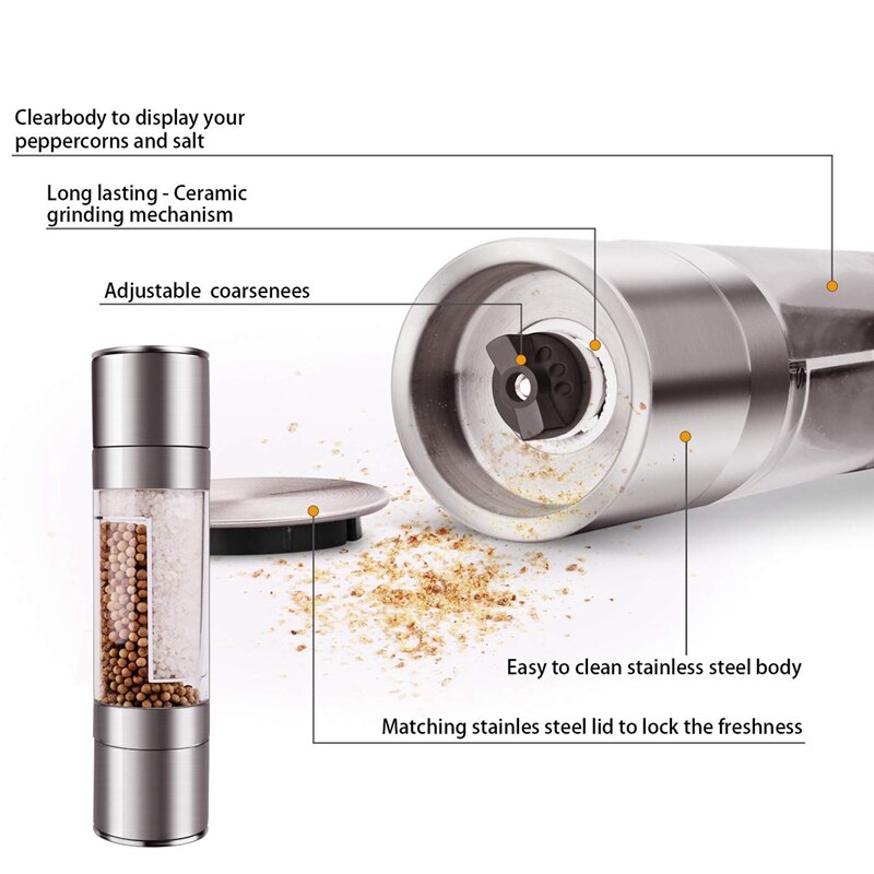 Stainless Steel Salt And Pepper Grinder 2 In 1 Manual Salt & Pepper Mill Shakers Refillable With Dual Adjustable Coarseness And
