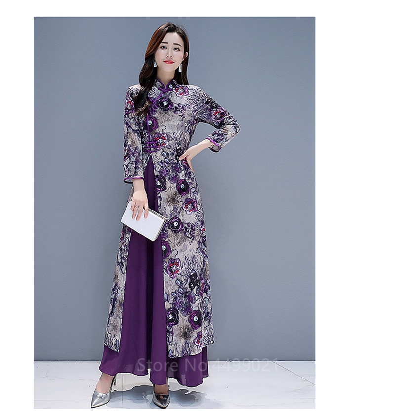 Ao Dai – robe de mariée élégante pour femmes, tenue de Style vietnamien, Cheongsam Qipao, imprimé Floral violet, Slim, grande taille