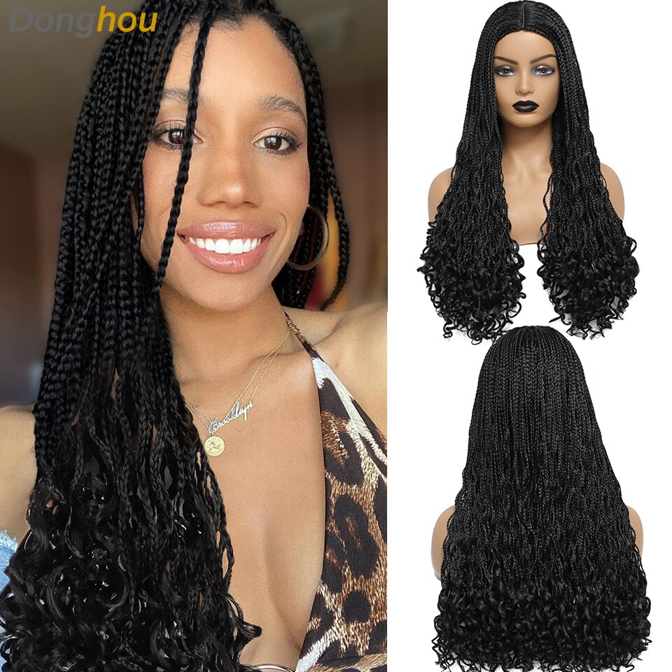 26 Pouces Tressé Perruques Longue Boîte Tresse Perruque Avec Ondulé Fin Perruque Tresse Africaine Natte Collée Faux Cuir Chevelu Résistant À La Chaleur Tresses Perruque: 1B Color