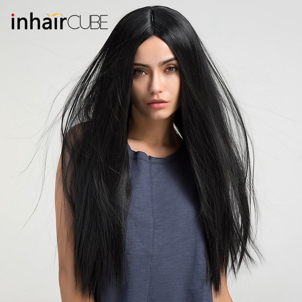 Inhaircube paryk naturlig sort ægte tyk syntetisk langt lige hår parykker til sorte kvinder dagligt kostume varmebestandig fiber