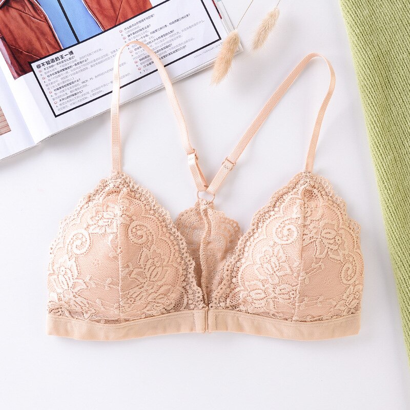 Lace Bralette Front Closure Bra Women Sexy Push Up Bra Thin Underwear Female Sexy Lingerie Padded Brassiere Push Up Bra: beige